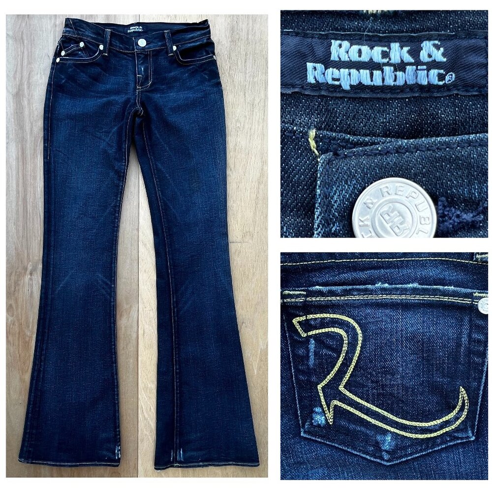 ROCK & REPUBLIC ROTH FLARE JEANS WOMEN’S sz 26 Embroidered Low Rise Denim